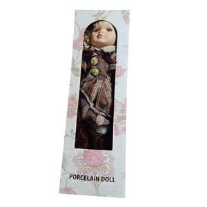 Vintage 90s Porcelain Doll 16" Blonde Curls Plaid Velvet Victorian Dress NIB